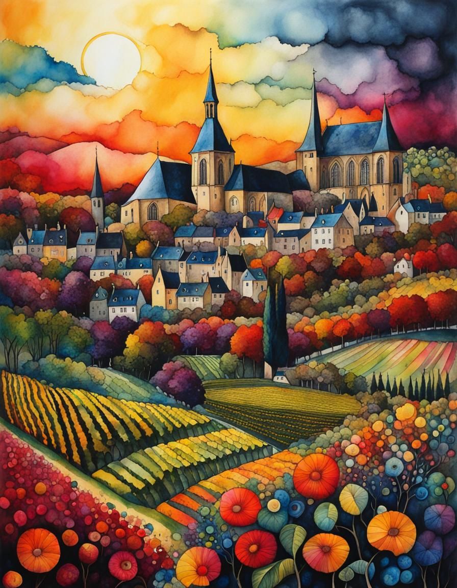 Surreal Beaune Fantasy in Alcohol Ink and Watercolor