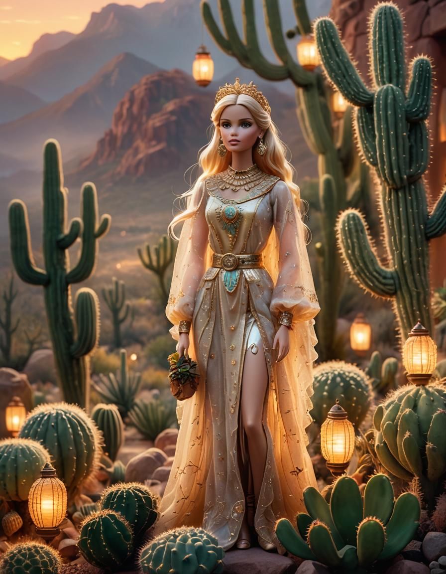 Dreamlike Barbie-Doll Cactus Scene with Golden Hour Lighting