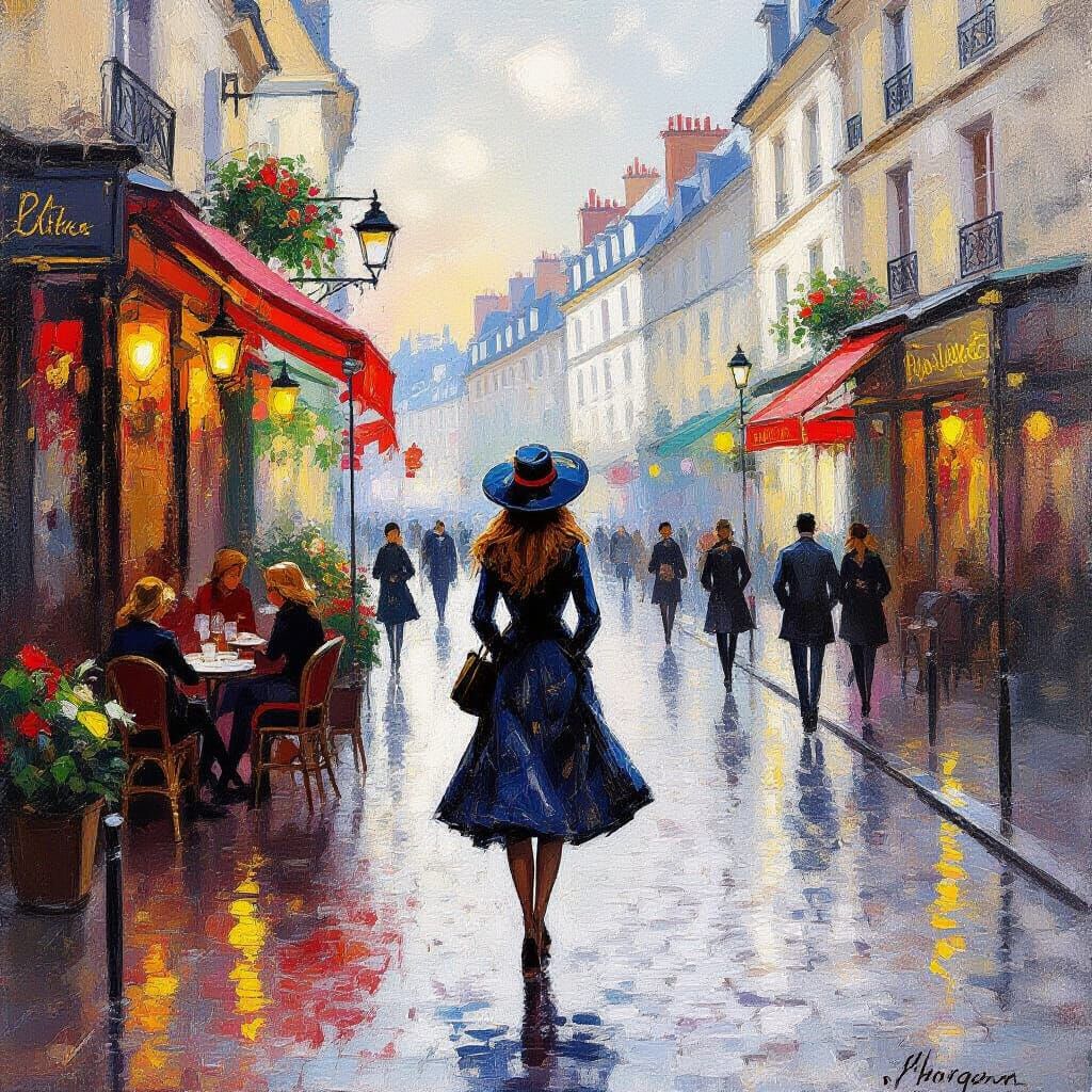 Impressionist Parisian Street Scene with Woman at Golden Hou...