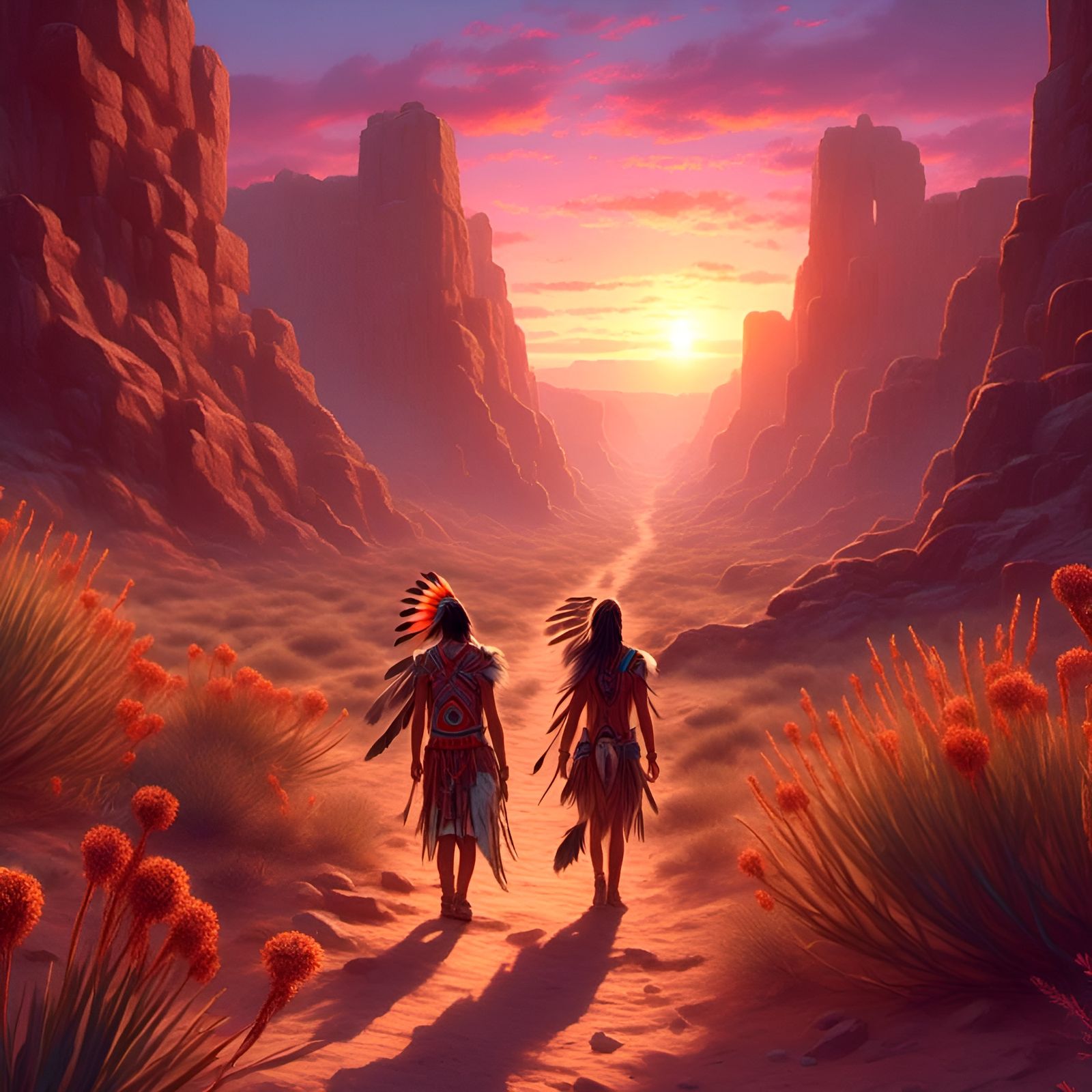 <lora:LCI White:1.0> desert canyon, 2 campers, native American spirit walker, spiritual journey, sunset, serene, desert ...