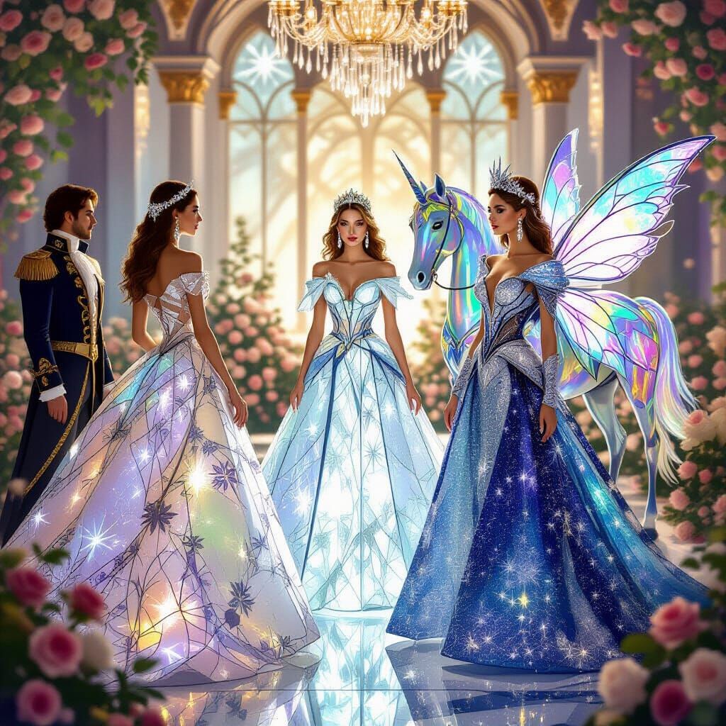 Grand Ballroom Scene With Women in Unique Glass Dresses