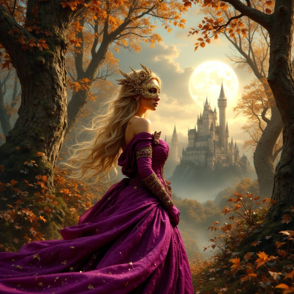 Princess in Magenta Gown in Autumn Forest