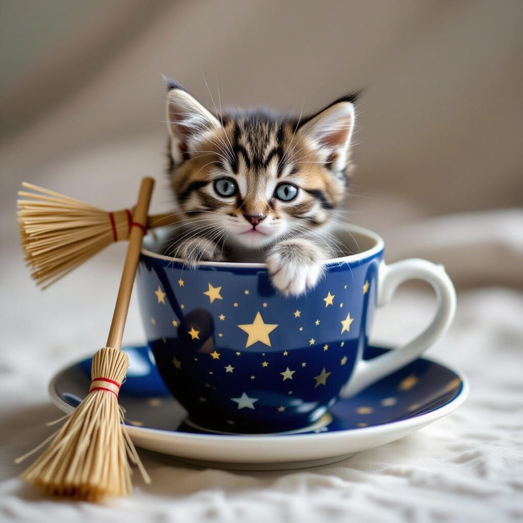 Whimsical Kitten in Starry Teacup with Broomstick