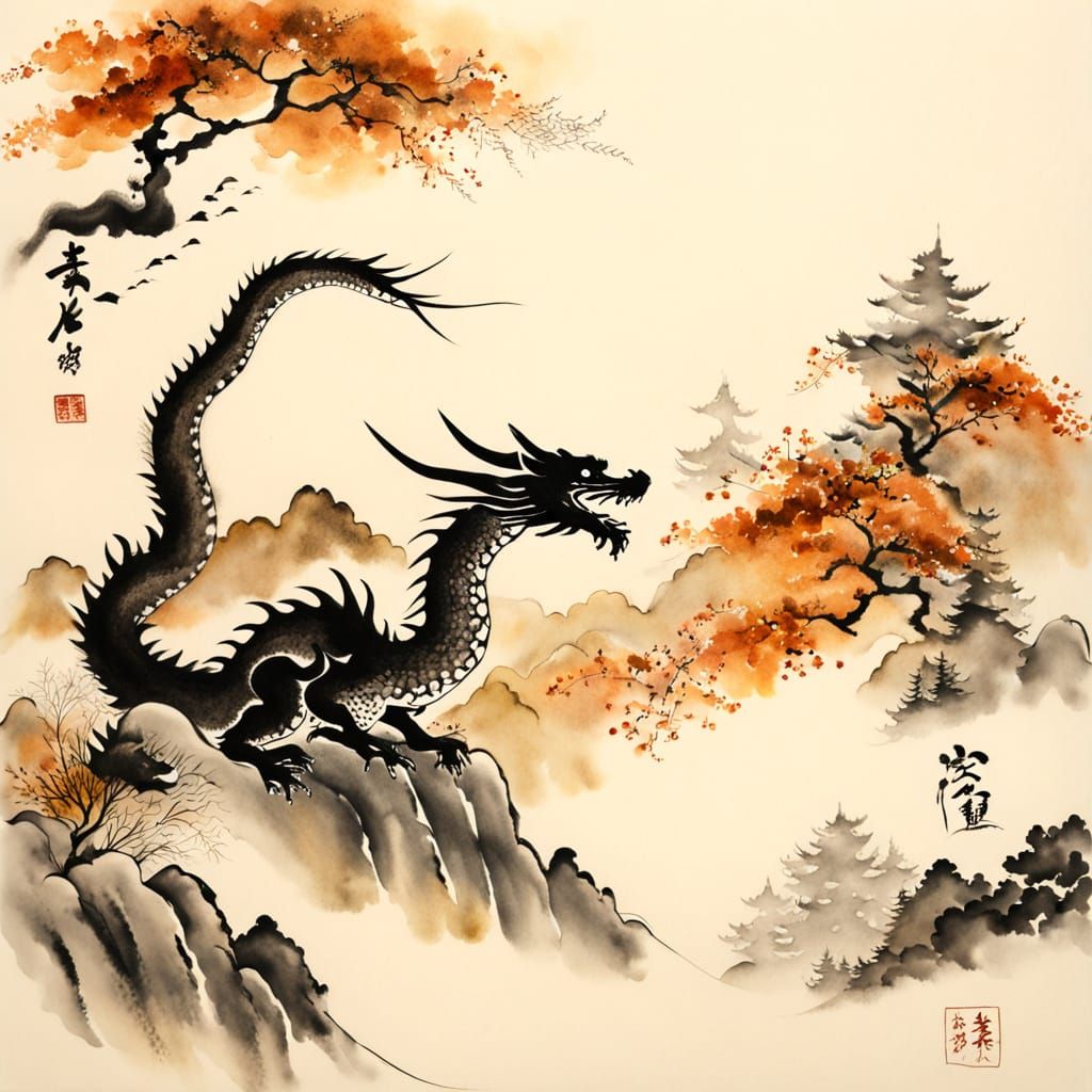 Dragon flying through a peaceful autumn landscape.