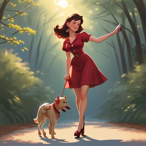 Vintage Pin-Up Girl Walking Dog in Park