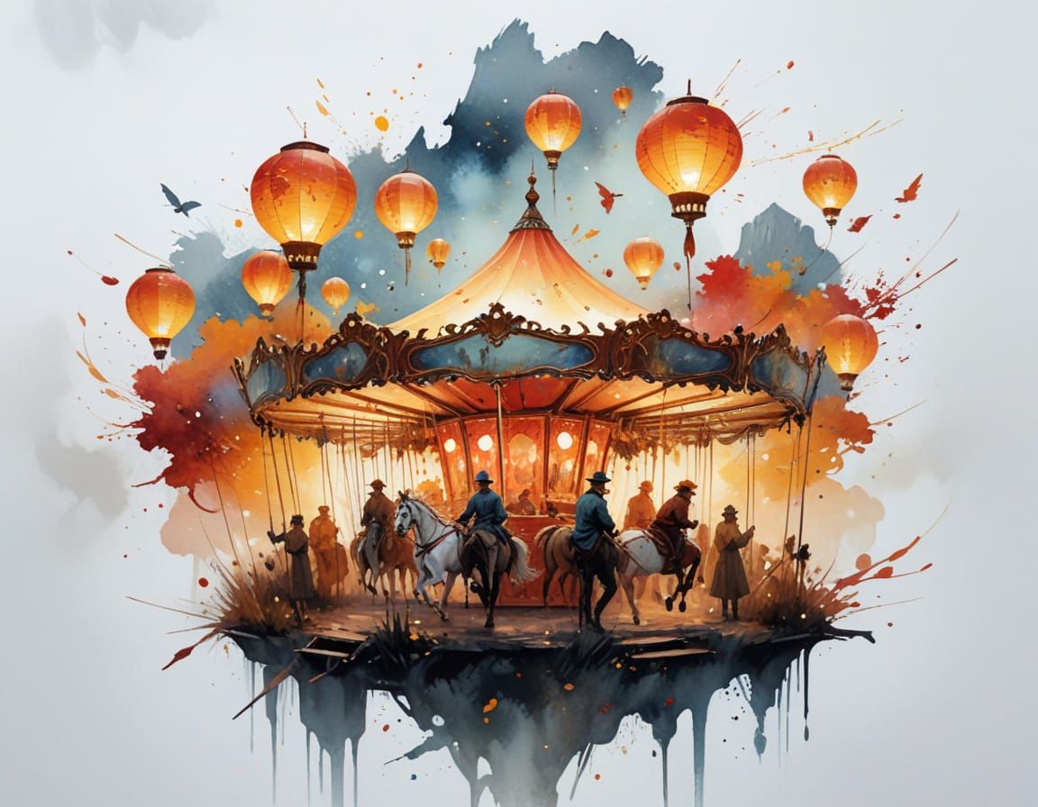 Whimsical Carousel in Colorful Hills Under Van Gogh Sky