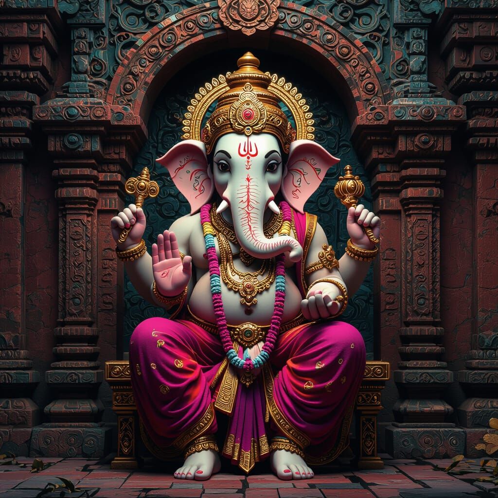 Ornate Lord Ganesh in Matte-Painted Indian Setting