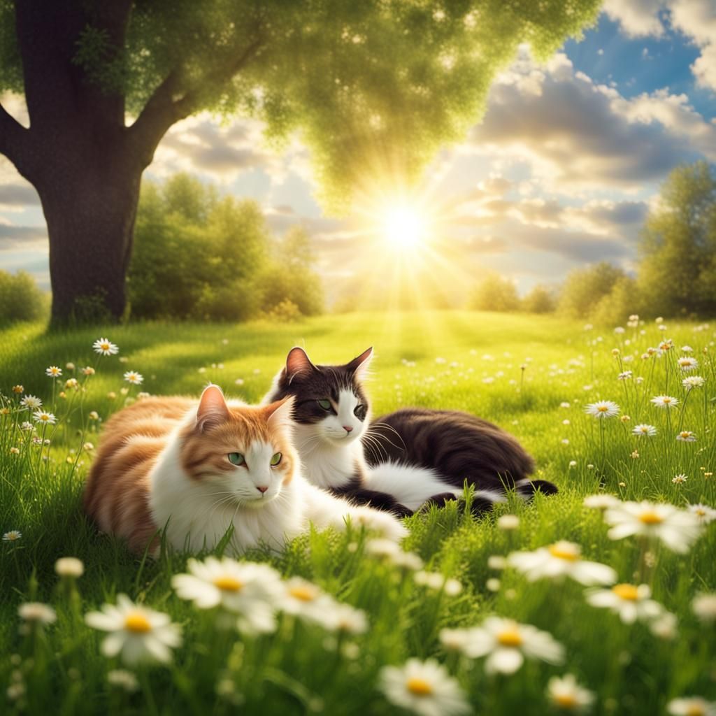 Peaceful Landscape with Sleeping Cats in Sunlight