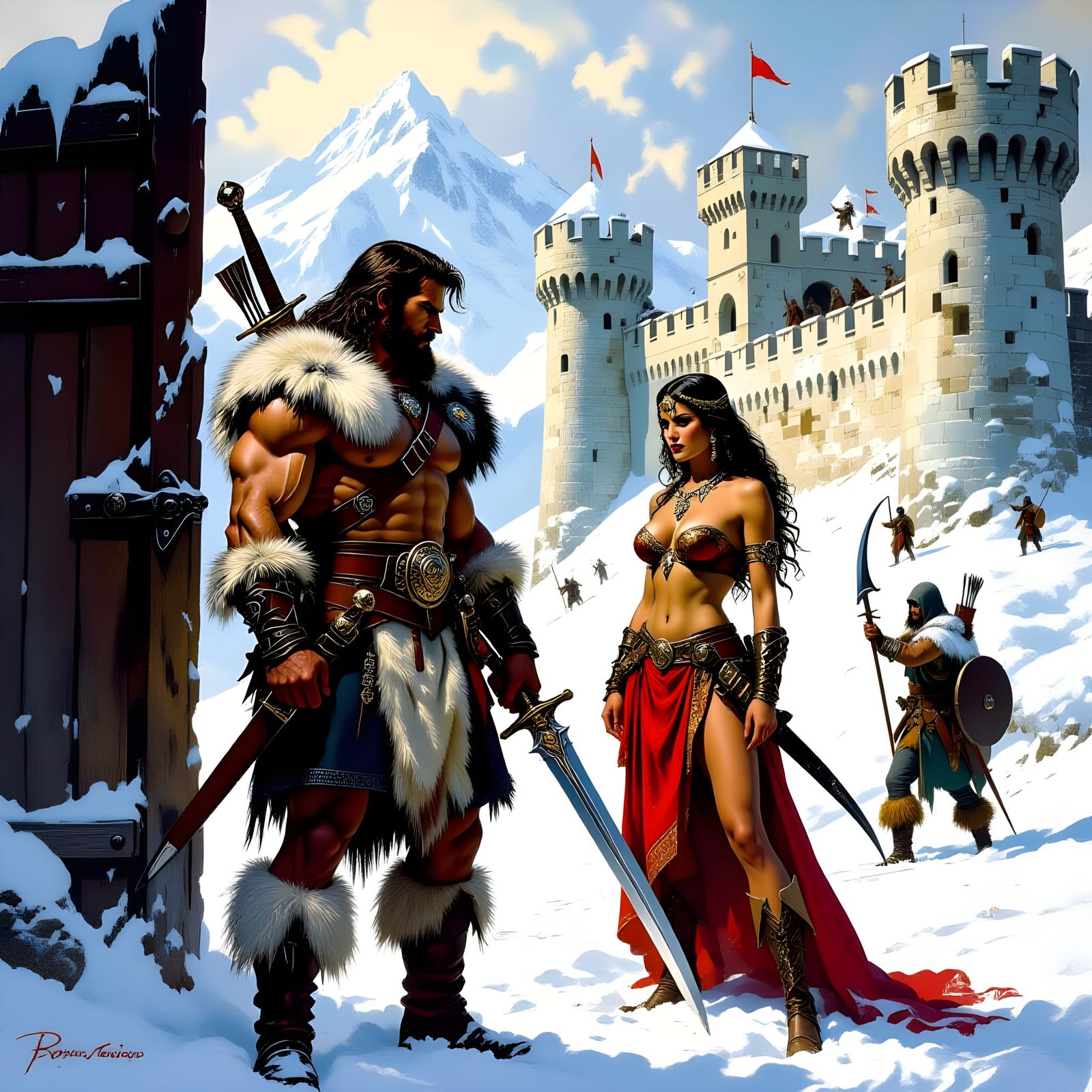 A powerful warrior in rich furs, a sword sheathed on his bac...