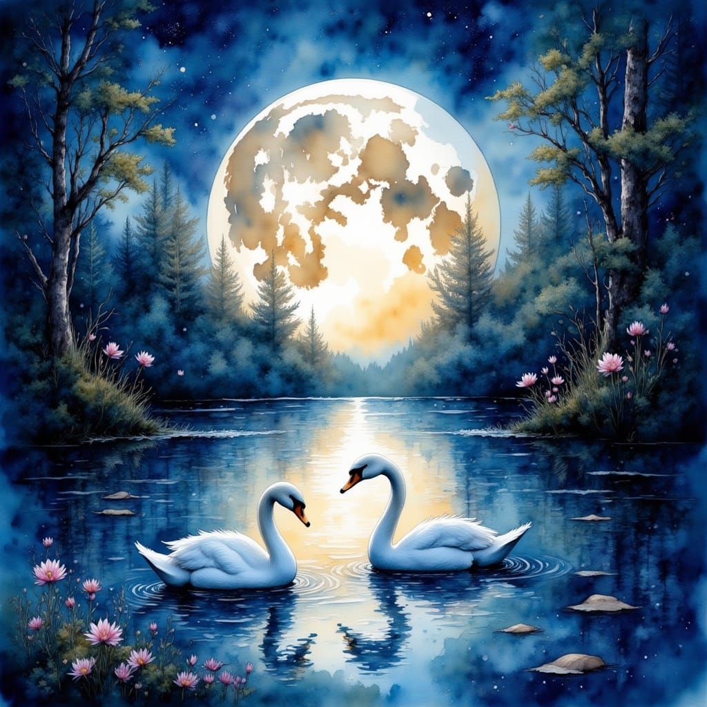 Full Moon Over Lake with Swans, Watercolor Style