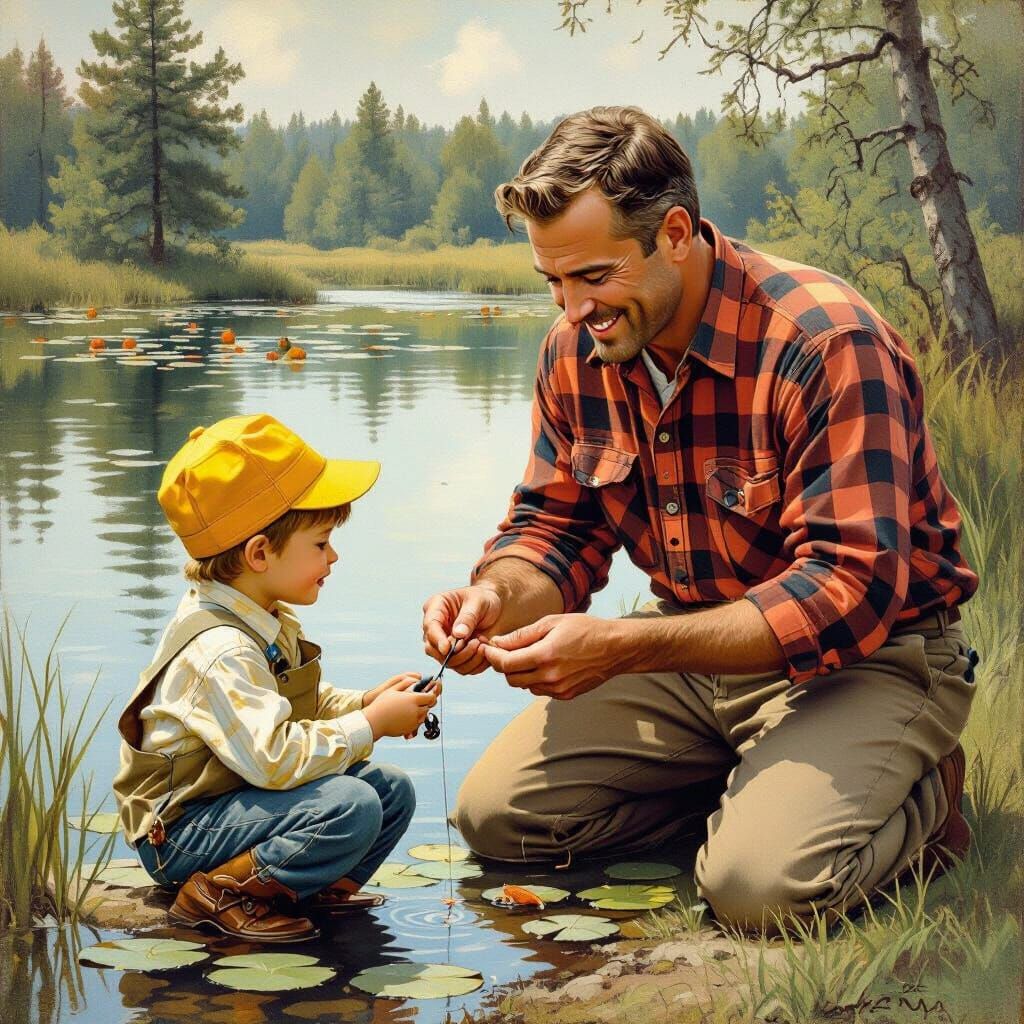 Heartwarming Scene of Father and Son Fishing