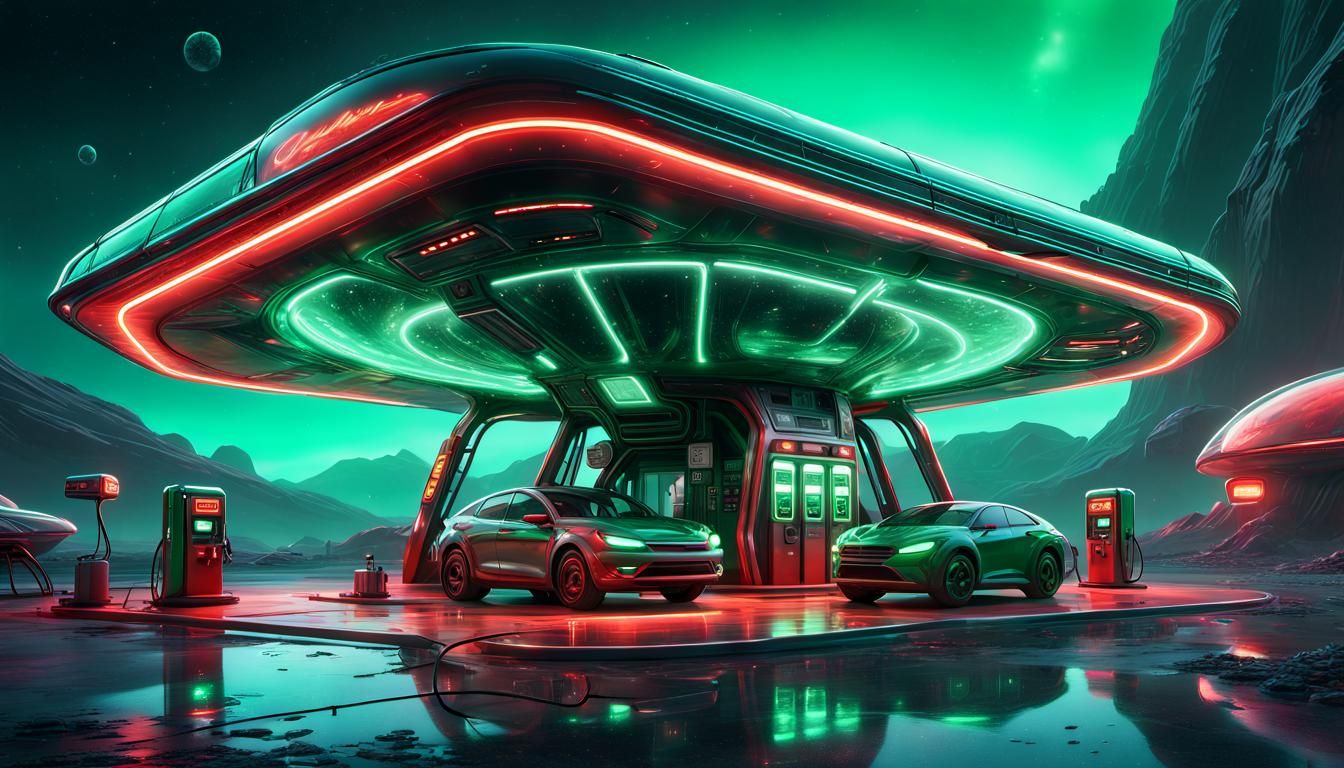 Futuristic Alien Gas Station in Steampunk Style