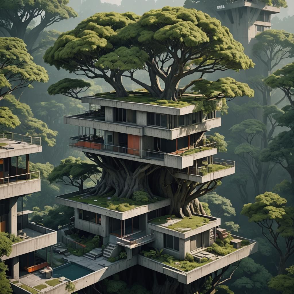Brutalist Concrete Treehouse Concept Art