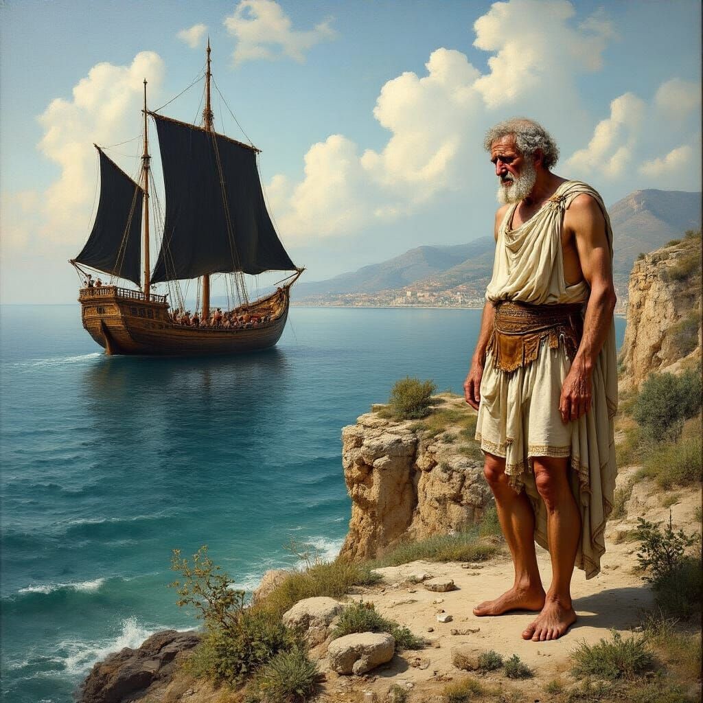 Mediterranean Grief: Renaissance Oil Painting of Seaside Tra...