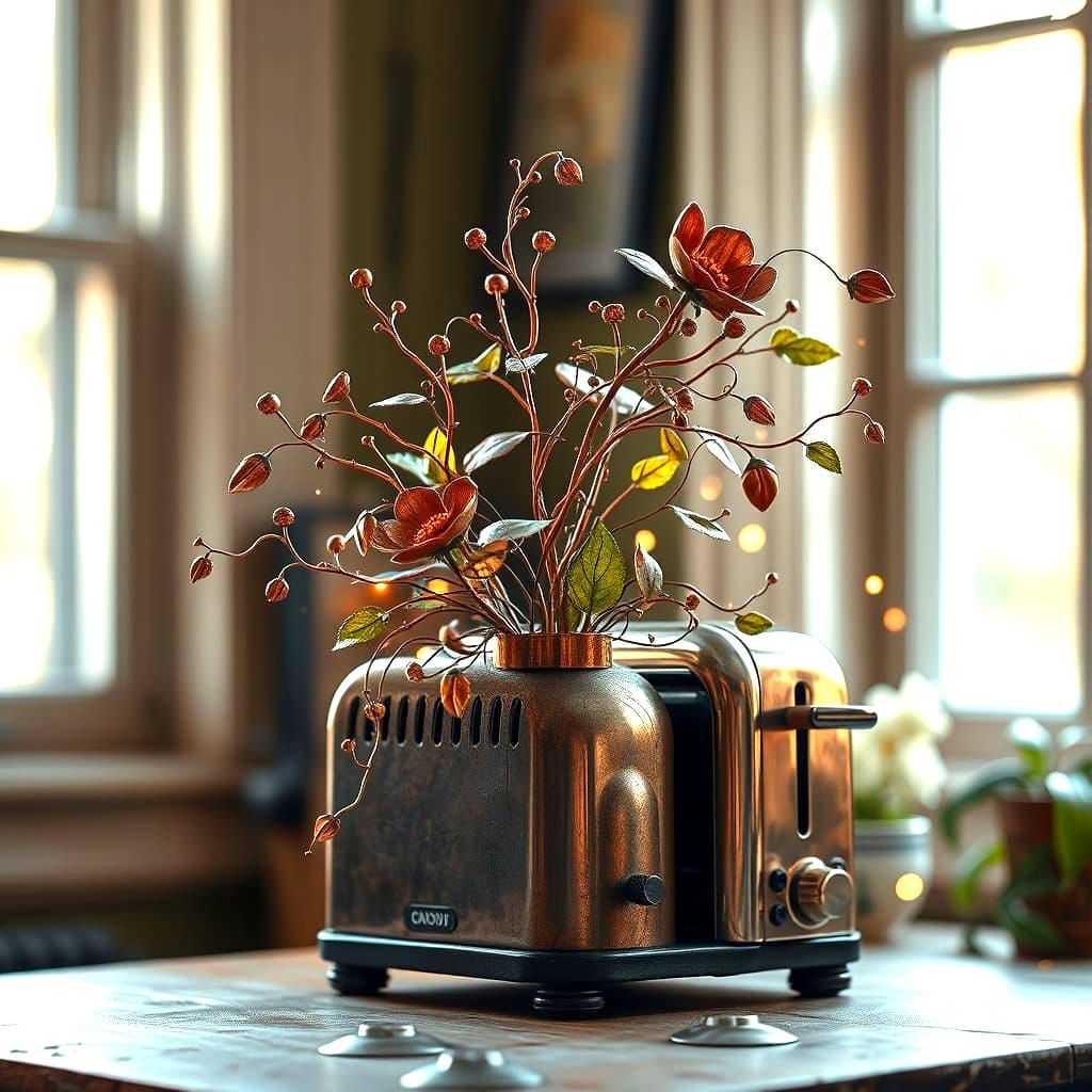 Steampunk Metal Flower Blooms from Toaster in Morning Light