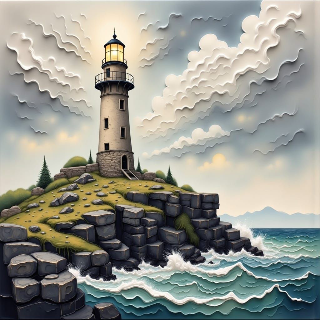 Stormy Coast: Lonely Lighthouse in Storybook Style