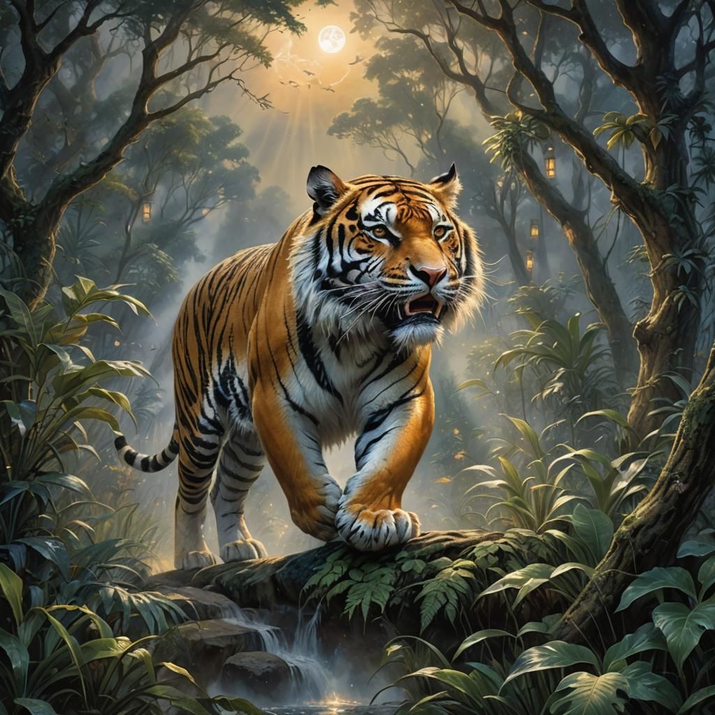 Roaring Tiger in Jungle Moonlight