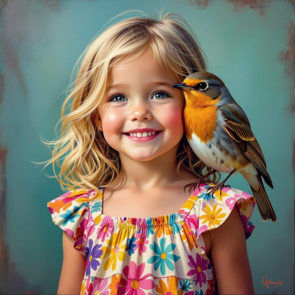 Girl with Robin: Airbrush and Acrylic Portrait