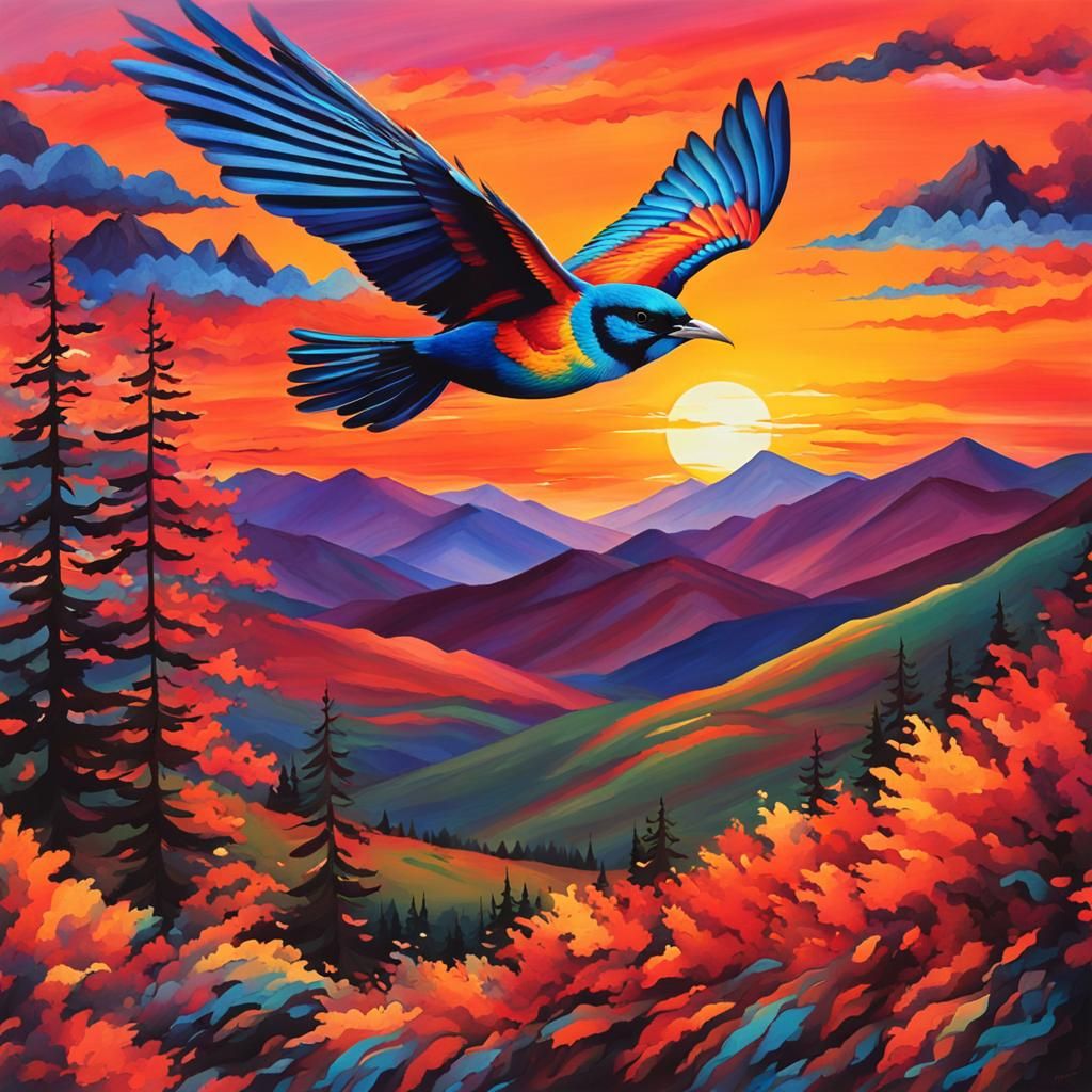 Vibrant Bird Sunset Flight Over Mountains