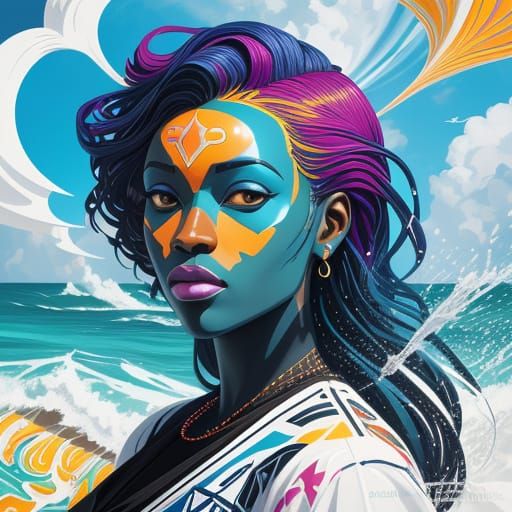 African Women in Ocean Waves as Geometric Cubist Painting