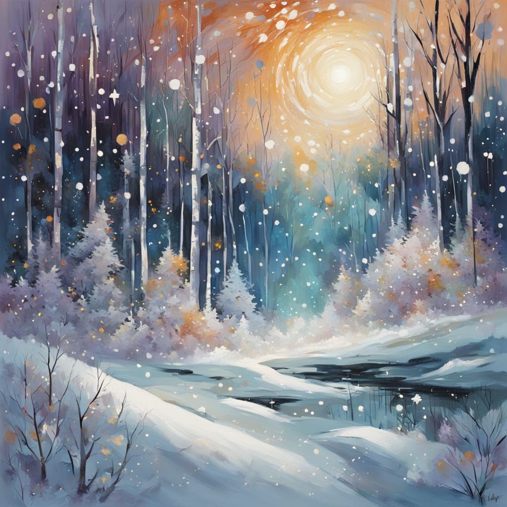 Sparkling Starry Sky Over Snow Forest Painting