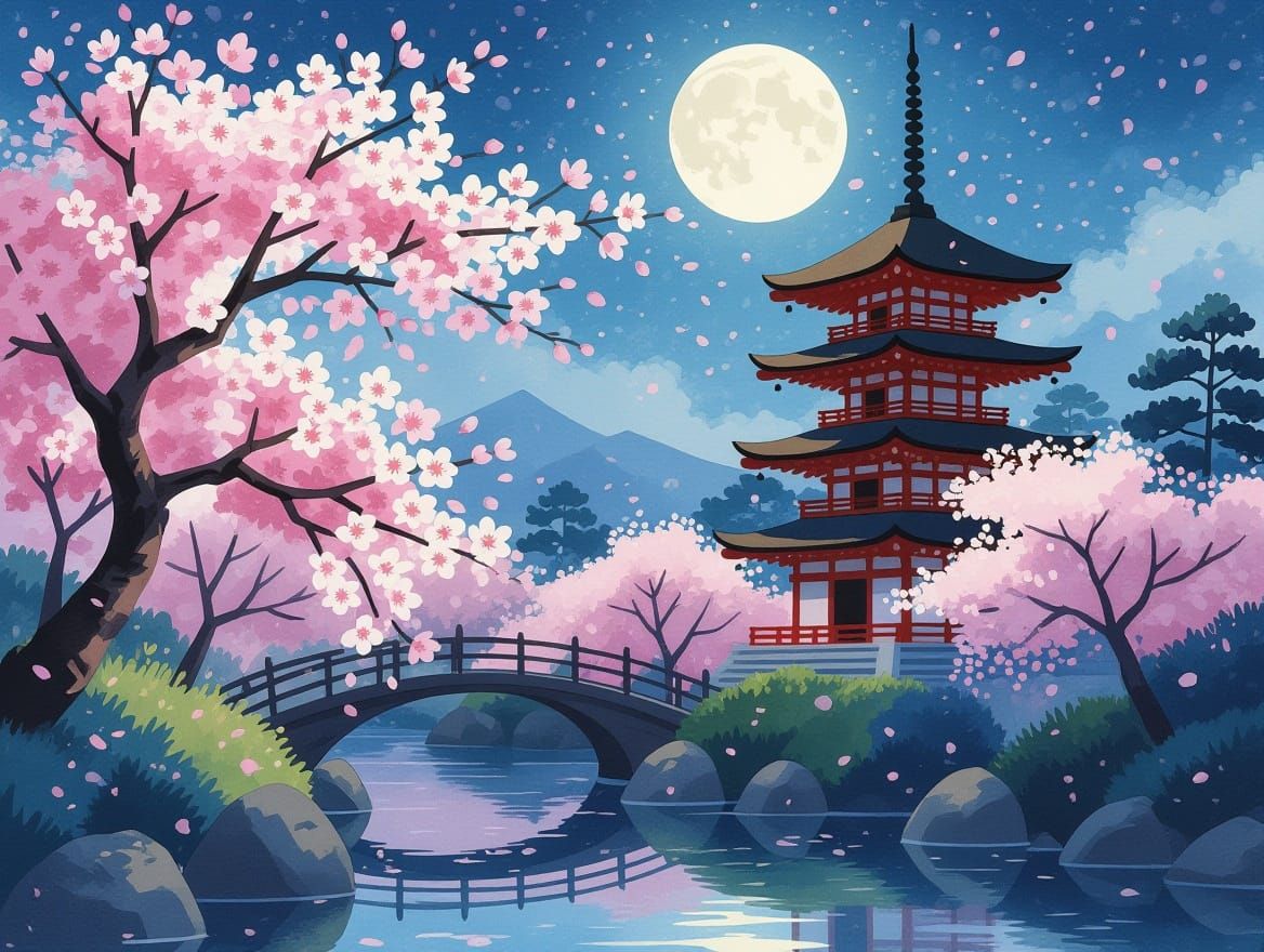 Serene Cherry Blossom Garden in Moonlit Ukiyo-e Style