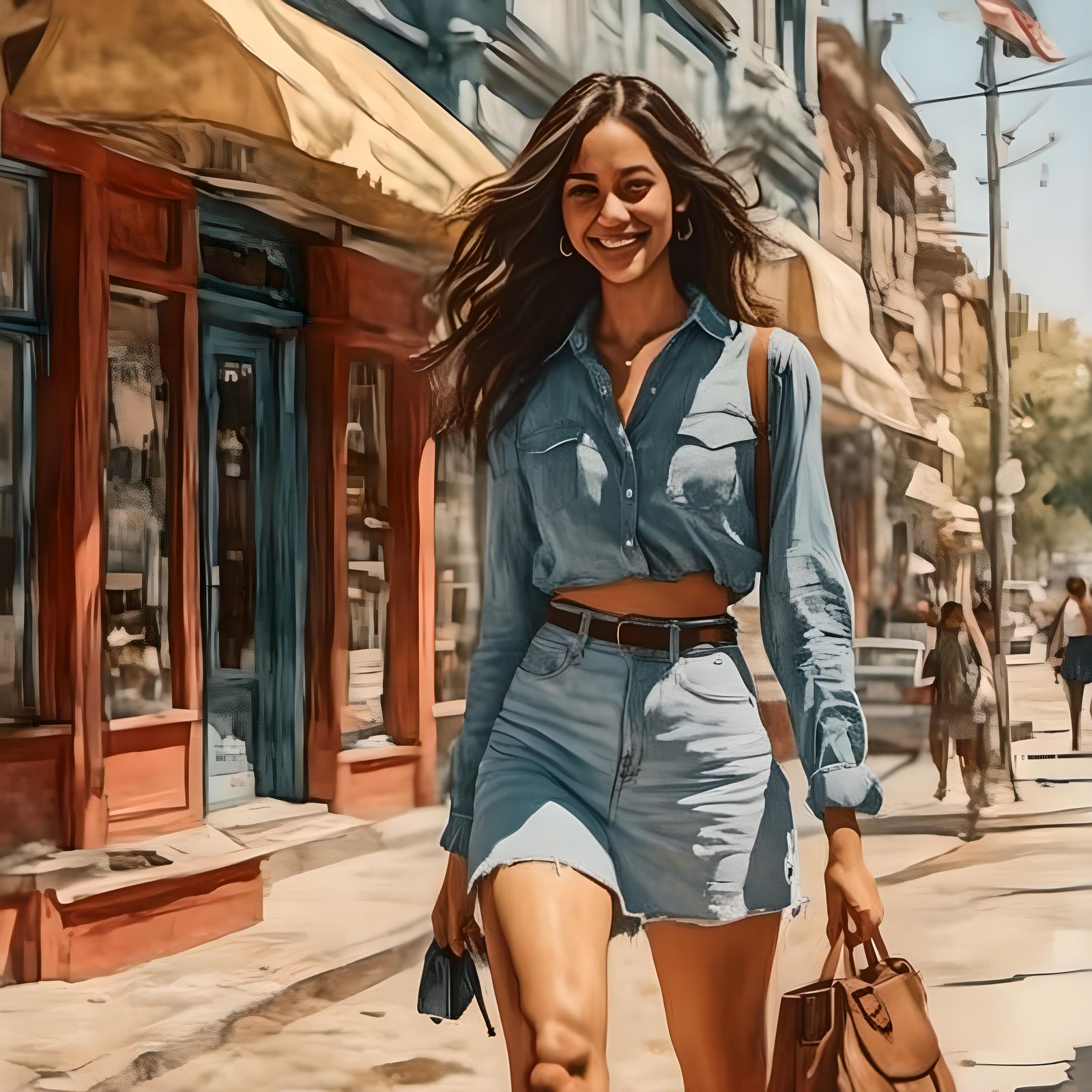 Woman in Denim Skirt on Sunny Sidewalk in Watercolor Style