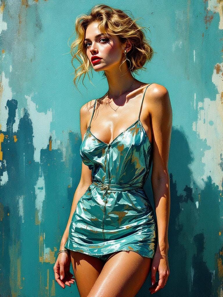 Confident Woman in Teal Dress: Watercolor and Linework