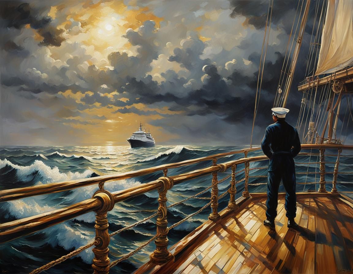 a sailor standing on a ship deck at sea