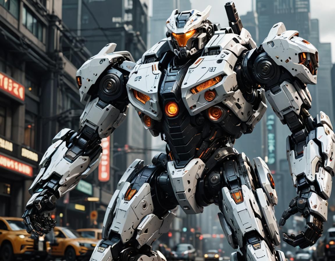 Futuristic White Jaeger Mech with Tesla Blades