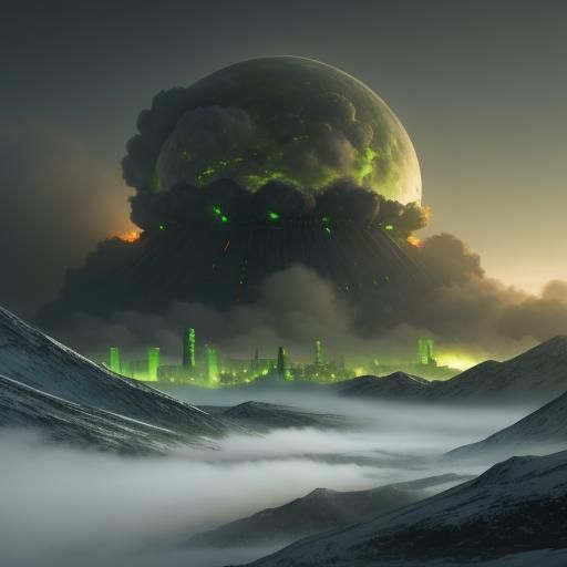 Celtic futuristic glowing city and nuclear explosion. Green mood. Chiaroscuro soft blended light, nice strong bokeh. Dir...