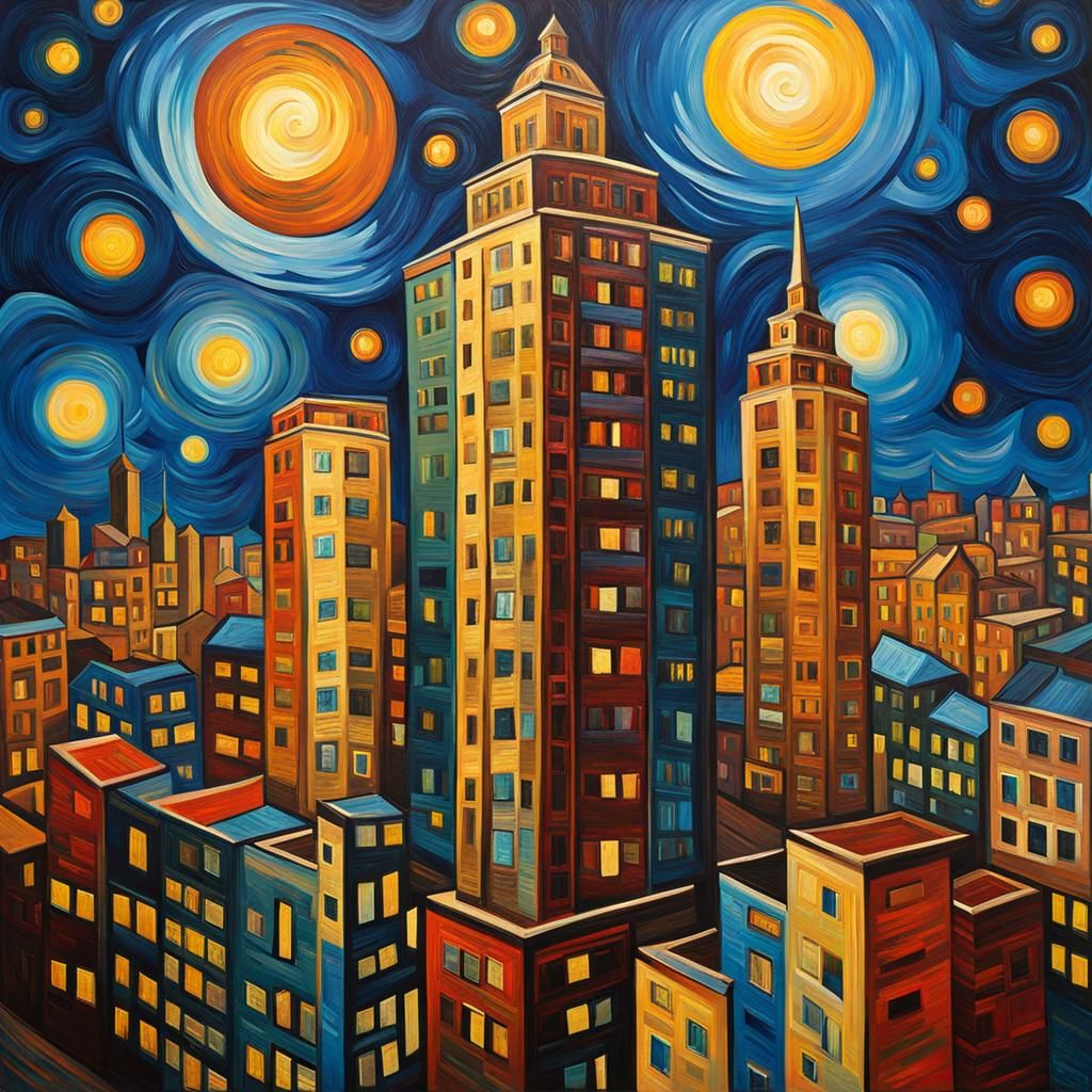Escher Skyscraper with Van Gogh Sky, Expressionist Painting