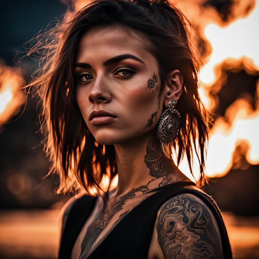 Hyperrealistic Cool Girl with Face Tattoos and Piercings