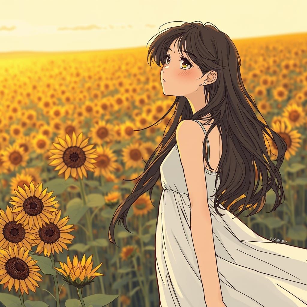 Woman in Sunflower Field: Lofi Anime Sketch Art