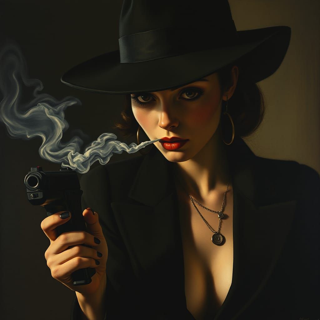 Female Spy with Smoking Gun in Noir Pointillism