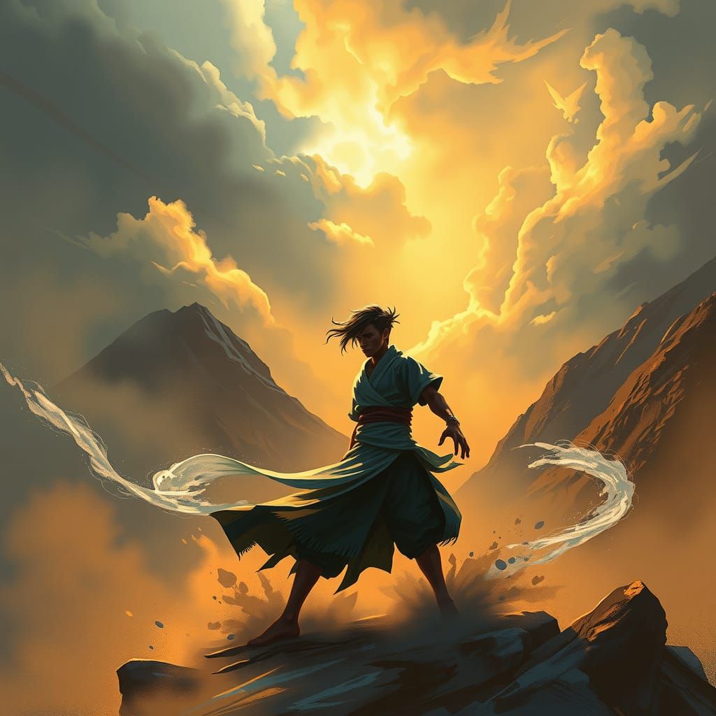 Air Bender in Stormy Landscape: Digital Painting