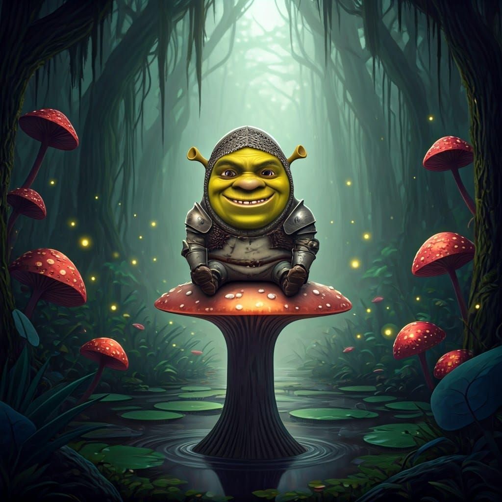 Misty Swamp Creature in Bioluminescent Landscape