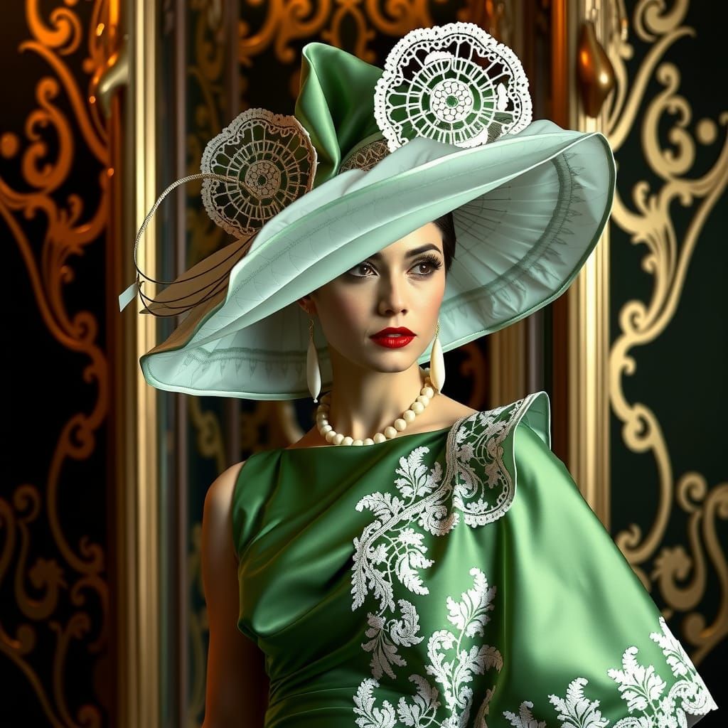 Elegant Woman in Green Dress, Art Deco Style