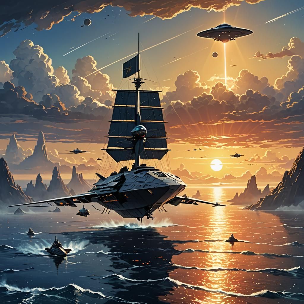 Klingon Starship and Sailing Ship in Anime Style