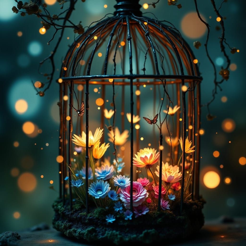 Magical Garden Cage with Glowing Shadow Birds