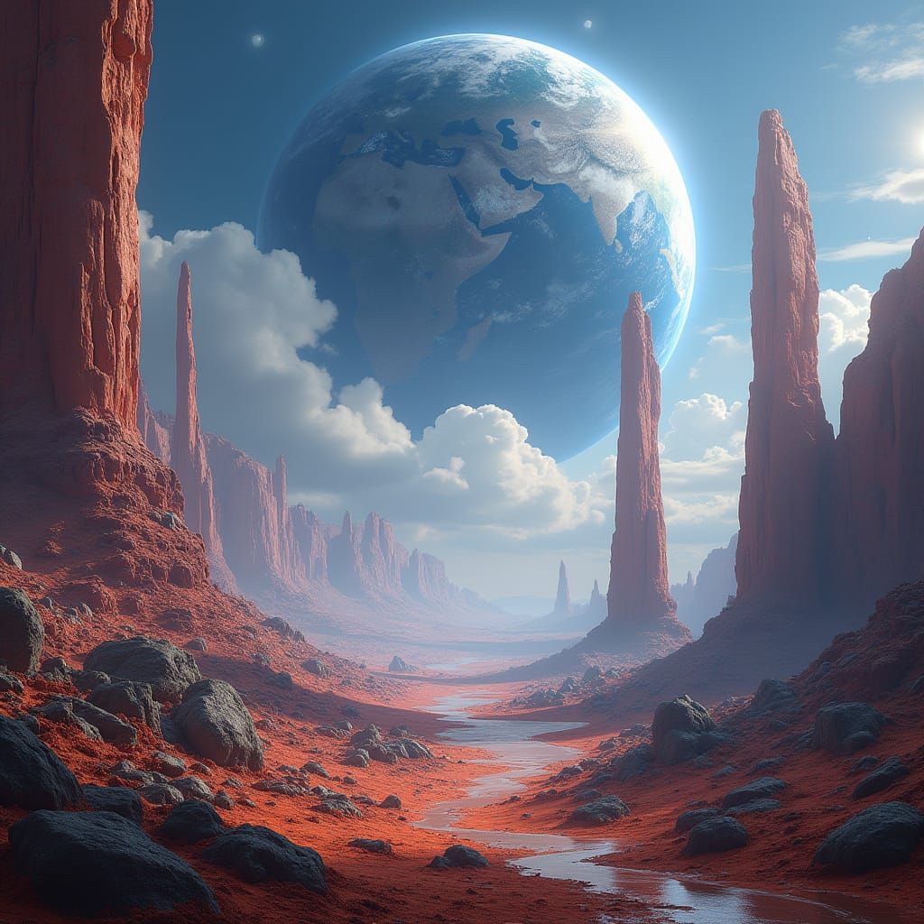 Alien Planet Landscape with Earth: Fantasy Concept Art