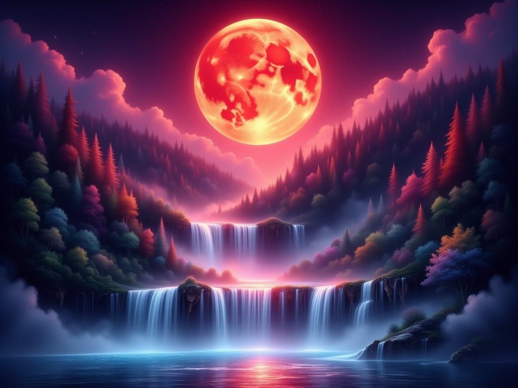 Moonlit Waterfall in Vibrant Red Magenta