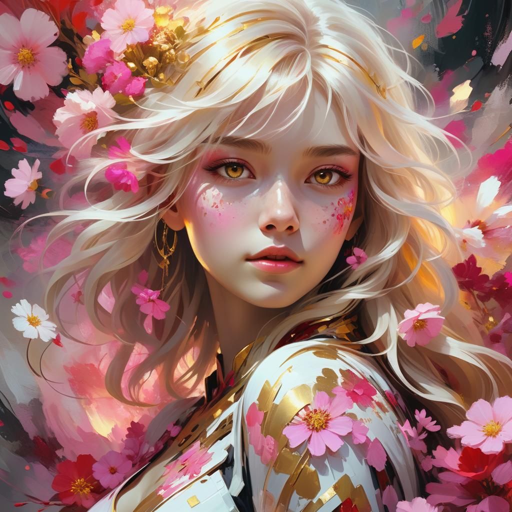 Fantasy Oil Painting of Woman with Pink Flowers