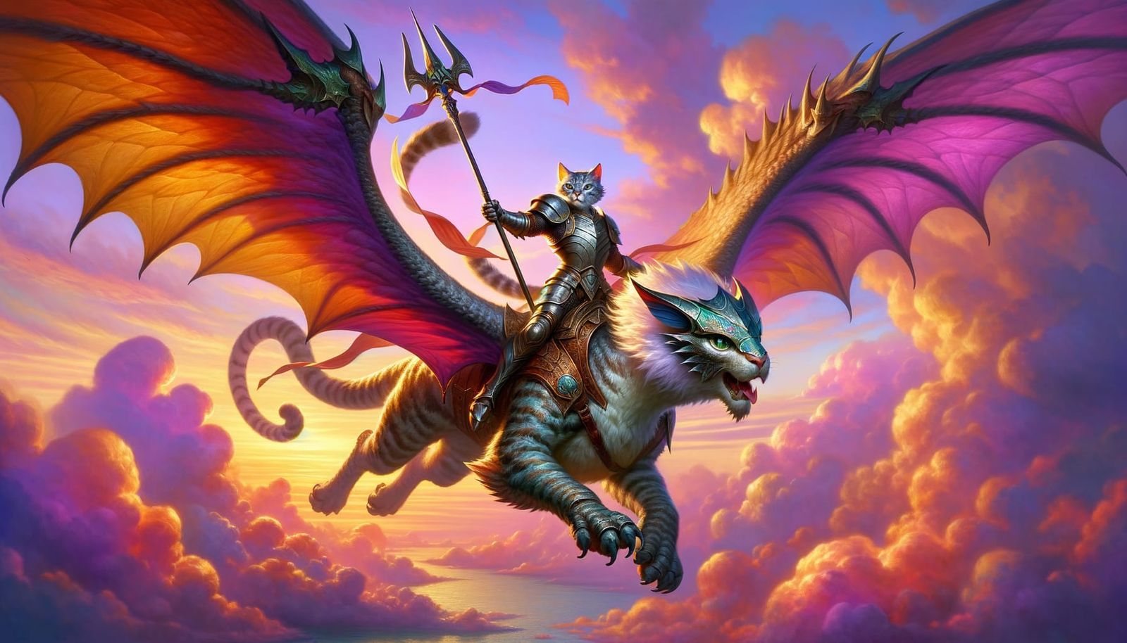 Heroic Cat Warrior on Dragon in Epic Flight