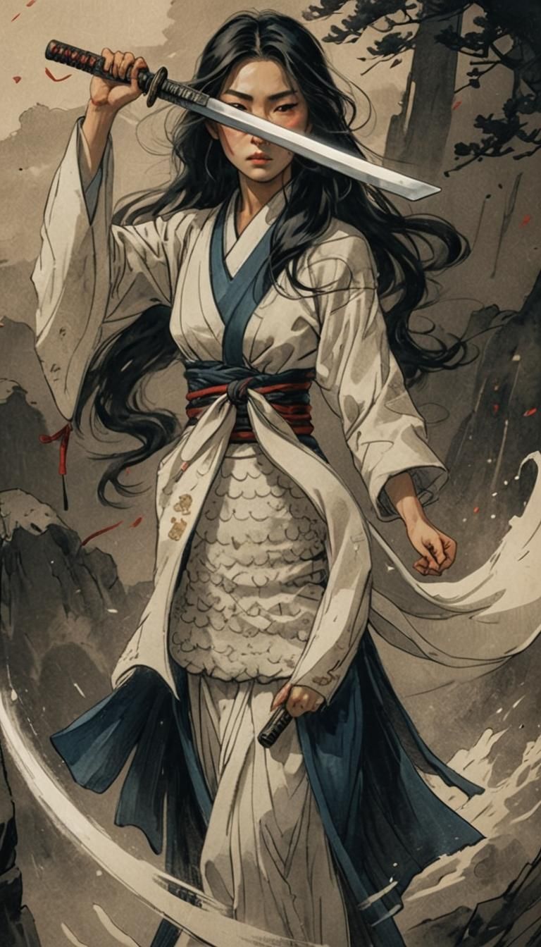 Asian Girl with Katana in Hokusai Style