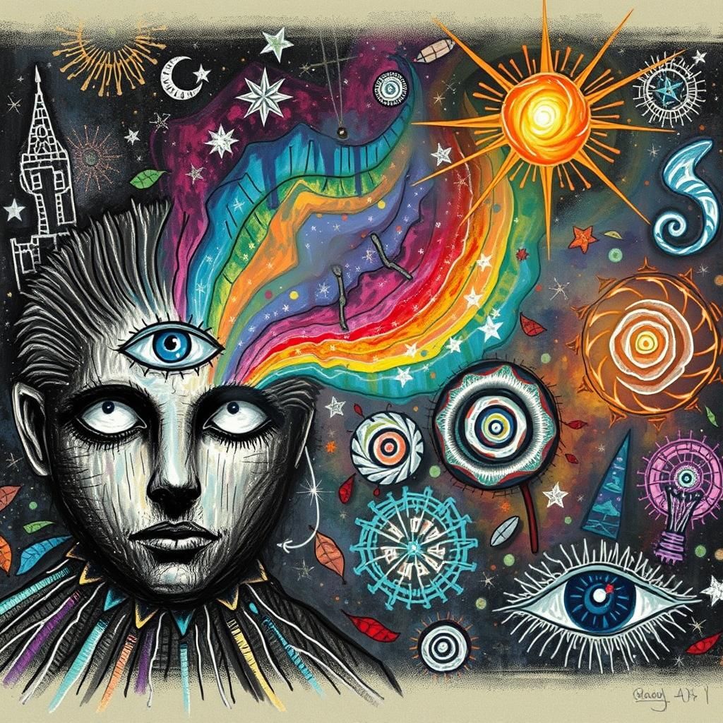 Cosmic Cityscape in Childlike Crayon Style