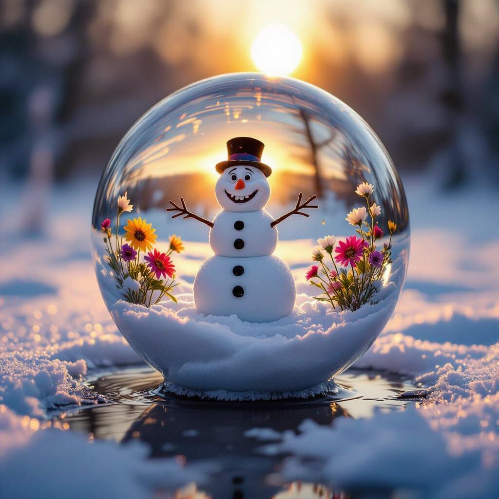 Surprised Snowman Trapped in Glass Orb Amidst Summer Flowers