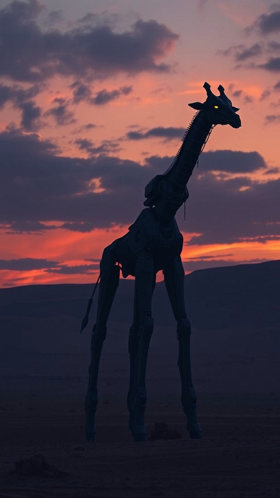 Giraffe Excavator Robot in Desert Dark Fantasy Scene
