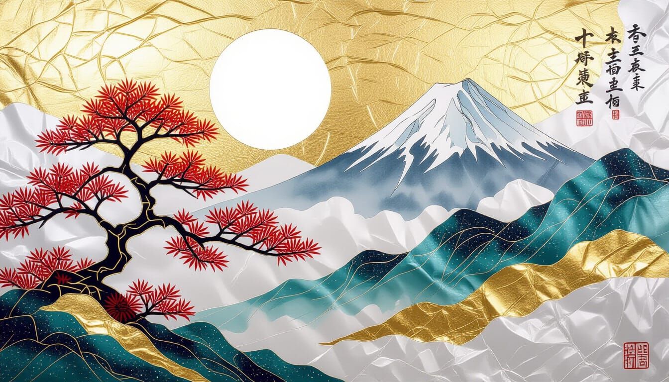 Luminous Modern Japanese Zen in Tin Foil Art