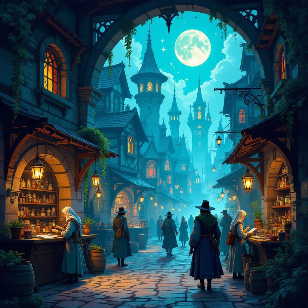 Magical Realism Cityscape of Arcane Artisans